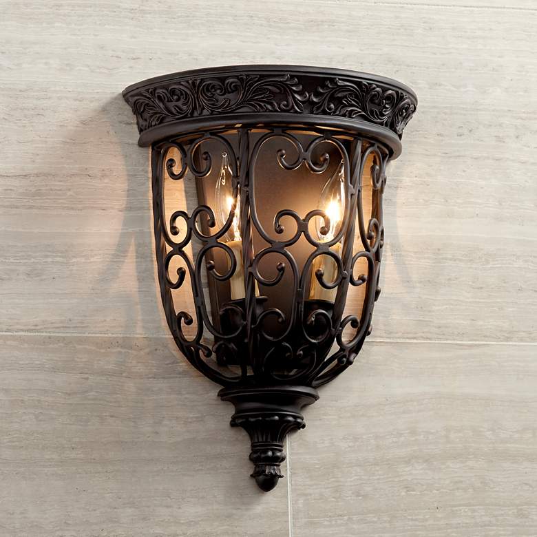 Image 7 Franklin Iron French Scroll 14 1/4 inch Rubbed Bronze Wall Sconces Set more views