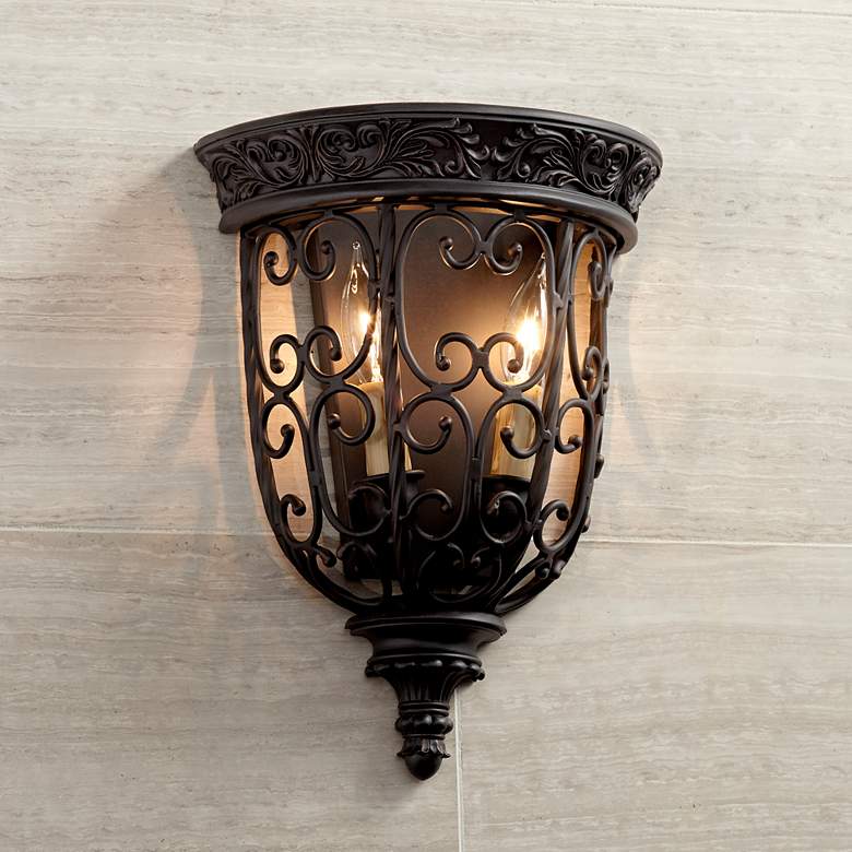Image 7 Franklin Iron French Scroll 14 1/4" Rubbed Bronze Wall Sconces Set more views