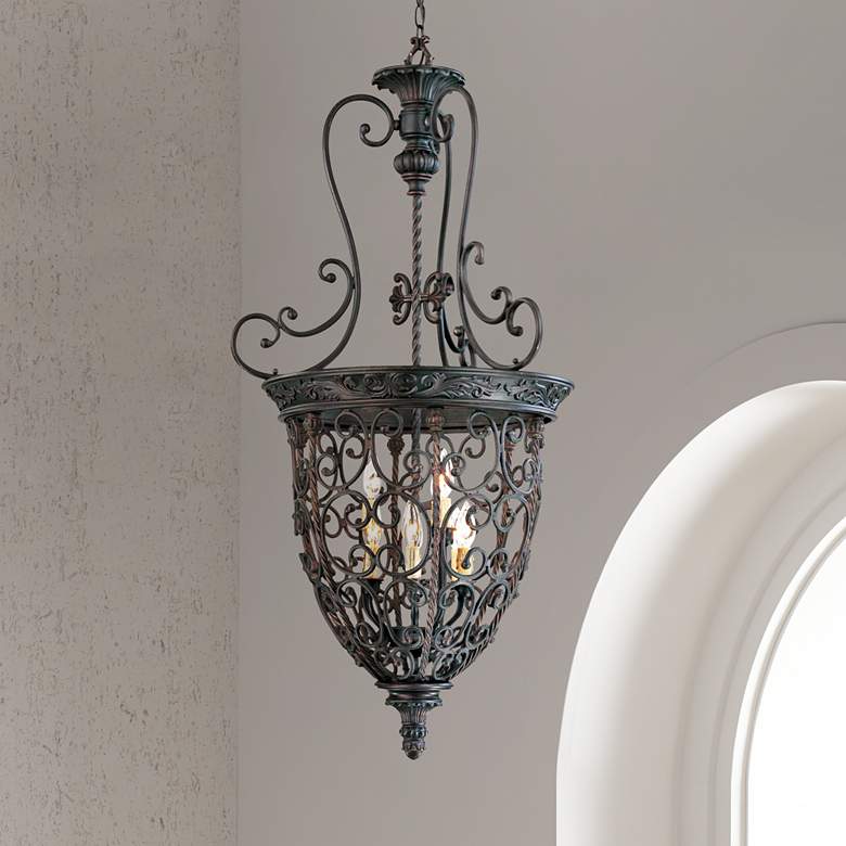 Image 1 Franklin Iron French Scroll 22 1/2" Bronze 9-Light Foyer Chandelier