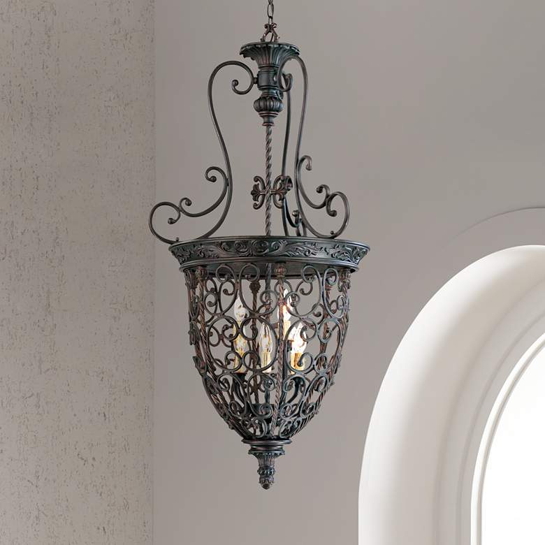 Image 1 Franklin Iron French Scroll 22 1/2 inch Bronze 9-Light Foyer Chandelier