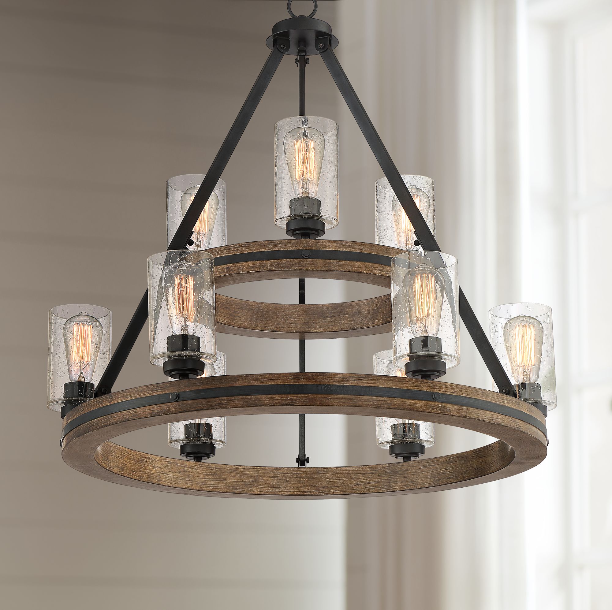 Tiered wagon shop wheel chandelier