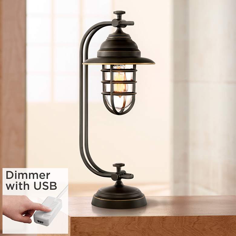 Image 1 Franklin Iron Knox 24 inch Bronze Lantern Desk Lamp with USB Dimmer