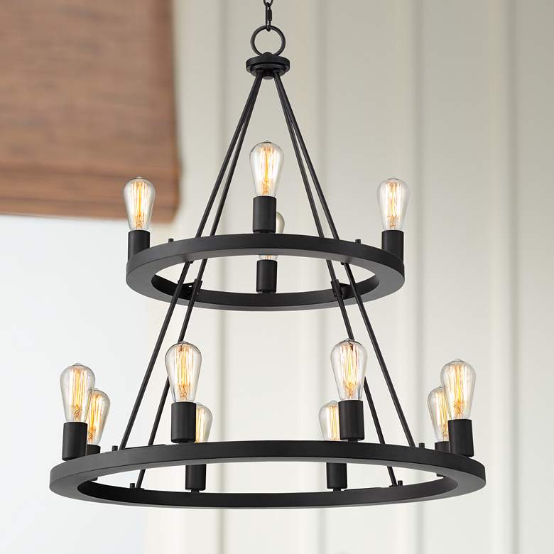 Image 1 Franklin Iron Lacey 29 1/4 inch Black 2-Tier 12-Light LED Ring Chandelier