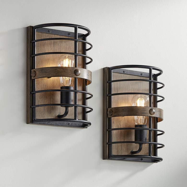 Image 1 Franklin Iron Lexi 11 1/2" Rustic Bronze Pocket Wall Sconces Set of 2