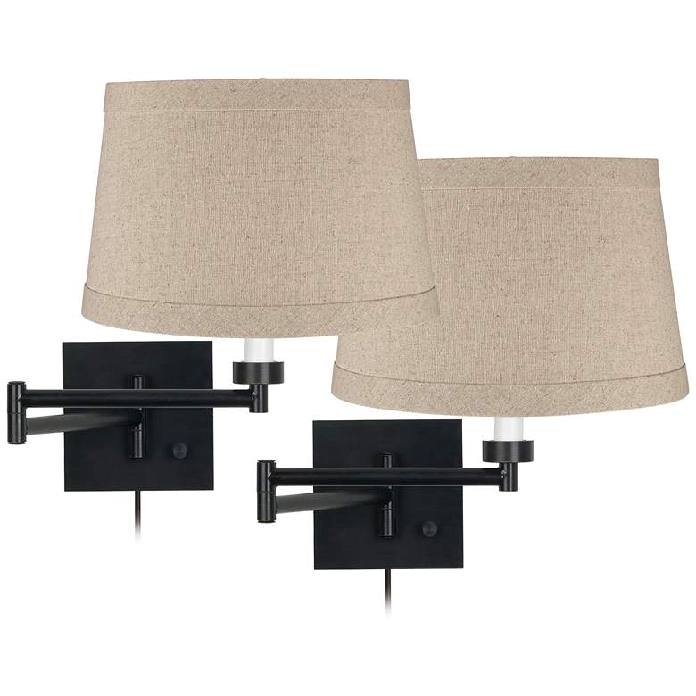 Image 1 Franklin Iron Linen and Espresso Plug-In Swing Arm Wall Lamps Set of 2