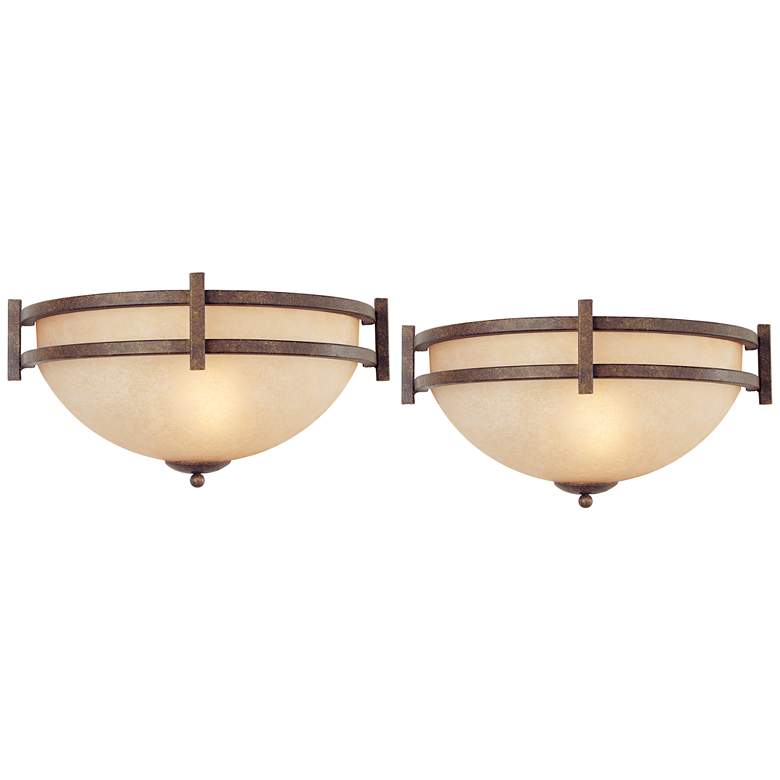 Image 1 Franklin Iron Oak Valley 14 1/2" Scavo Glass Wall Sconces Set of 2