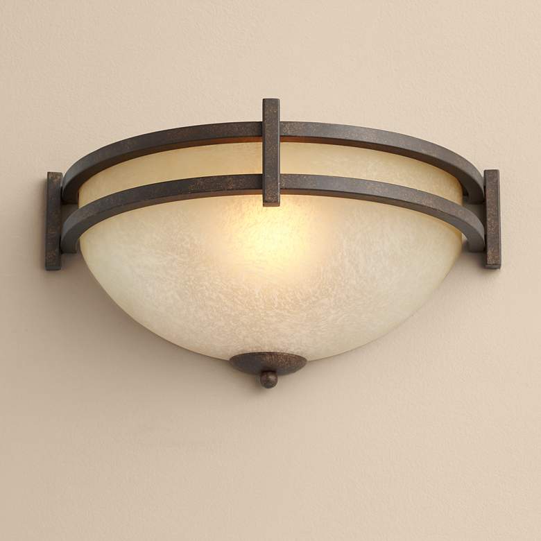 Image 1 Franklin Iron Oak Valley 14 1/2" Wide Scavo Glass Pocket Wall Sconce
