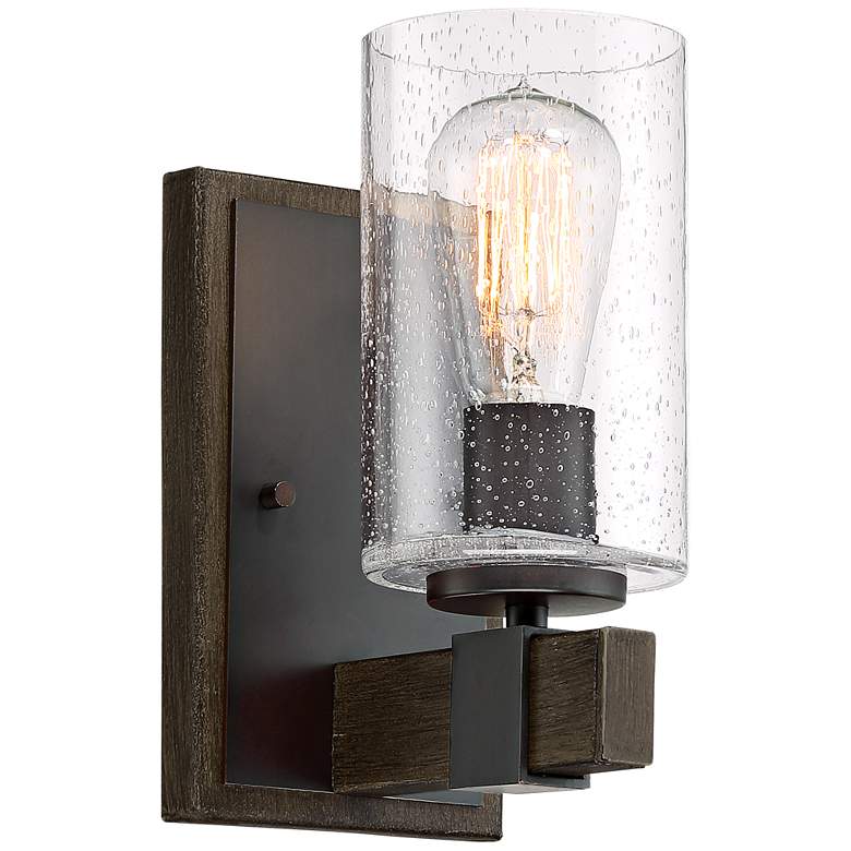 Image 3 Franklin Iron Poetry 9" High Seedy Glass Wood Grain Accent Wall Sconce