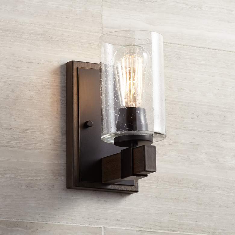 Image 2 Franklin Iron Poetry 9" High Seedy Glass Wood Grain Accent Wall Sconce
