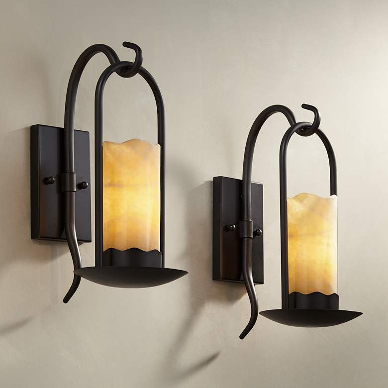 Image 1 Franklin Iron Rustic Onyx 14 1/2 inch Faux Candle Wall Sconces Set of 2
