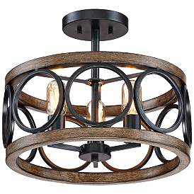 Image2 of Franklin Iron Salima 16" Black and Wood 3-Light LED Ceiling Light