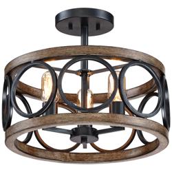 Franklin Iron Salima 16&quot; Black and Wood 3-Light LED Ceiling Light