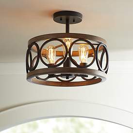 Image1 of Franklin Iron Salima 16" Black and Wood 3-Light LED Ceiling Light