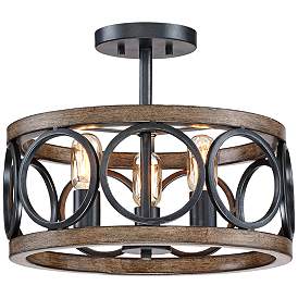 Image4 of Franklin Iron Salima 16" Black and Wood 3-Light LED Ceiling Light more views