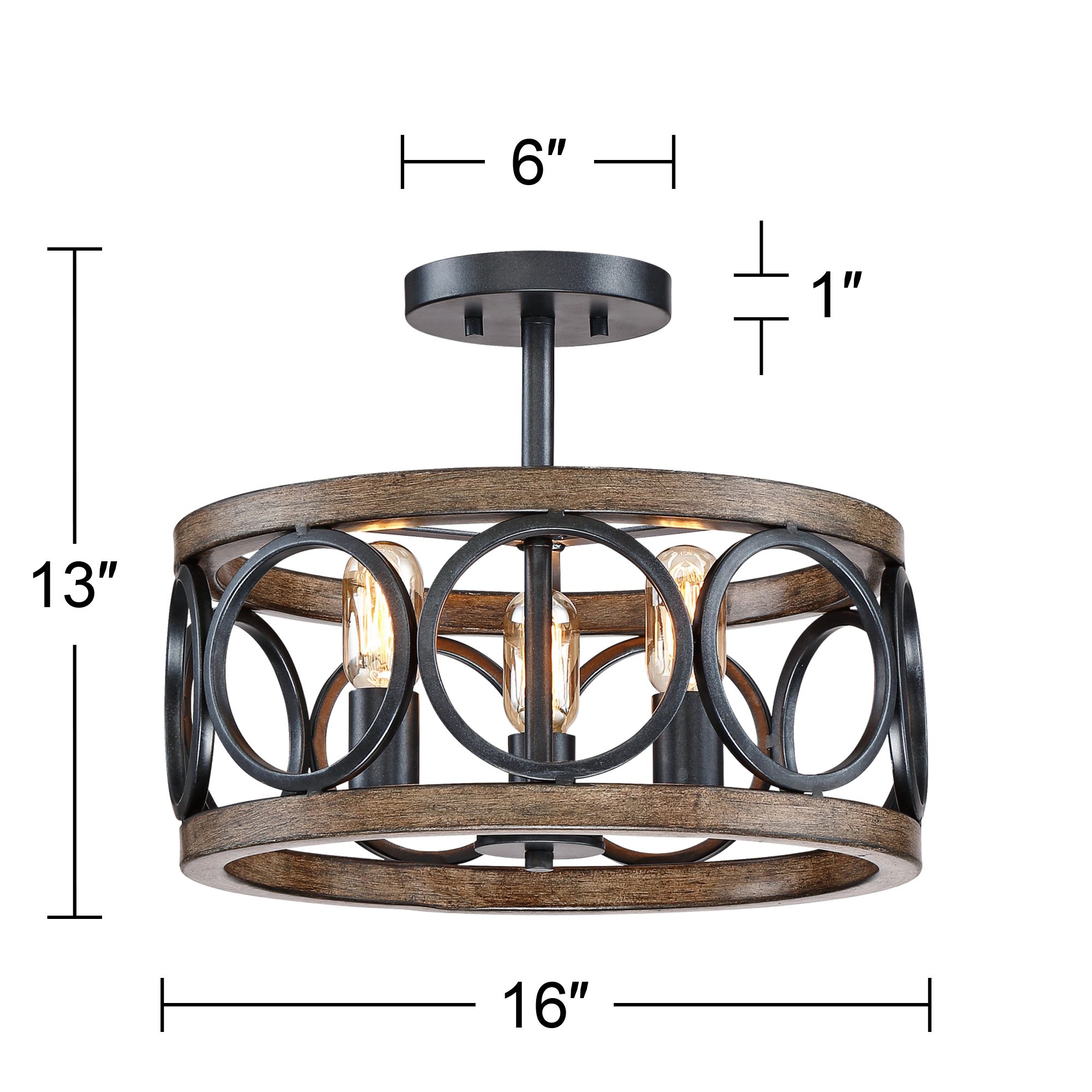 Franklin Iron Salima 16" Black and Wood 3-Light LED Ceiling Light