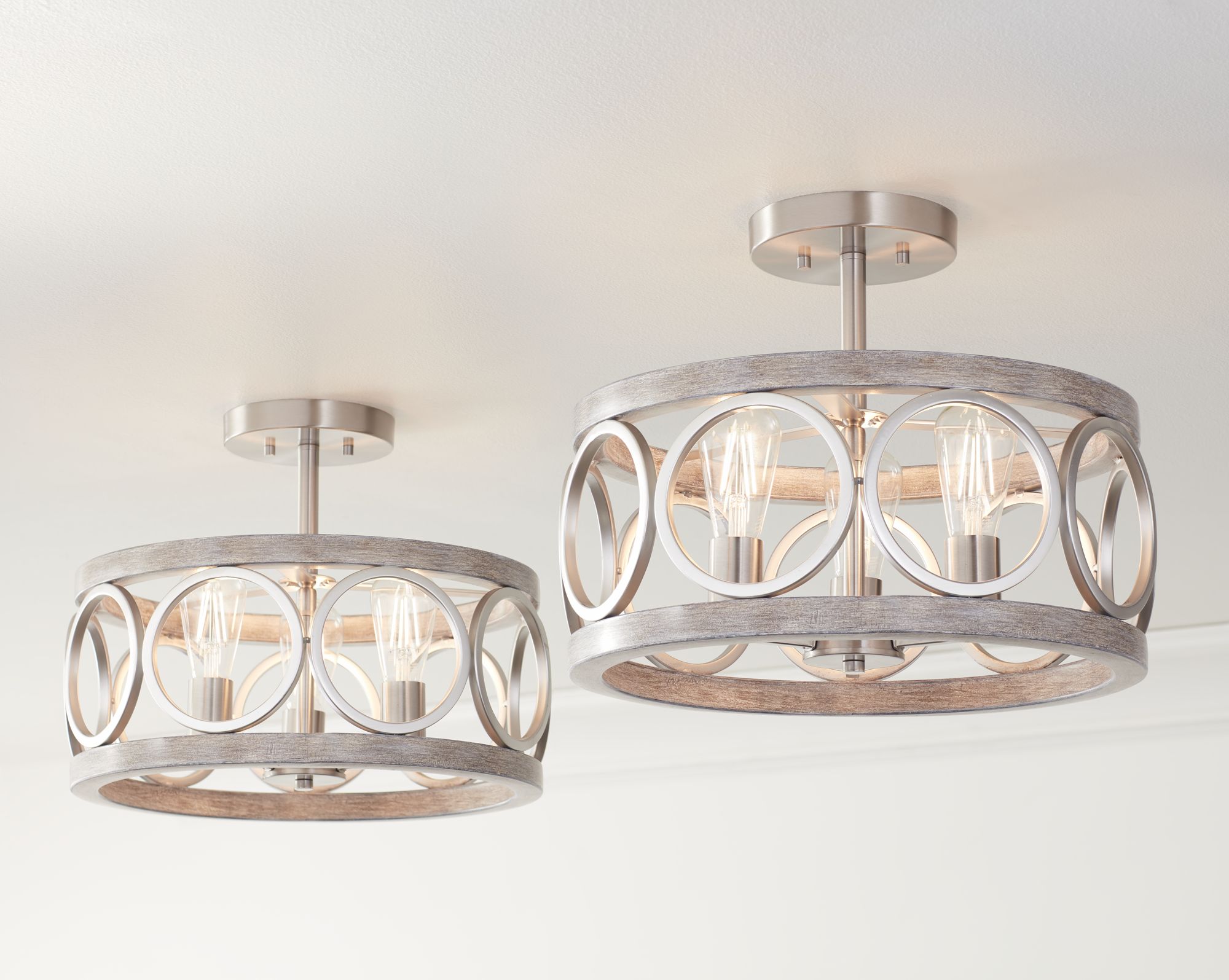 Watch A Video About the Franklin Iron Salima Nickel Gray Wood 3-Light Ring Ceiling Light