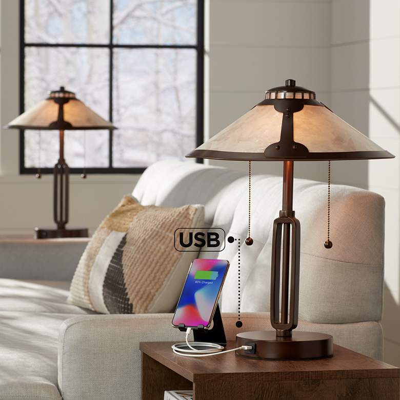 Image 7 Franklin Iron Samuel 20" Mica Shade and Bronze USB Lamps Set of 2 more views