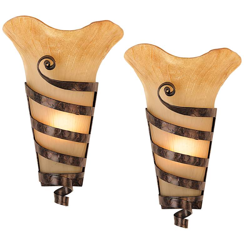 Image 1 Franklin Iron Solara 14" Iron Scroll Scavo Glass Wall Sconces Set of 2