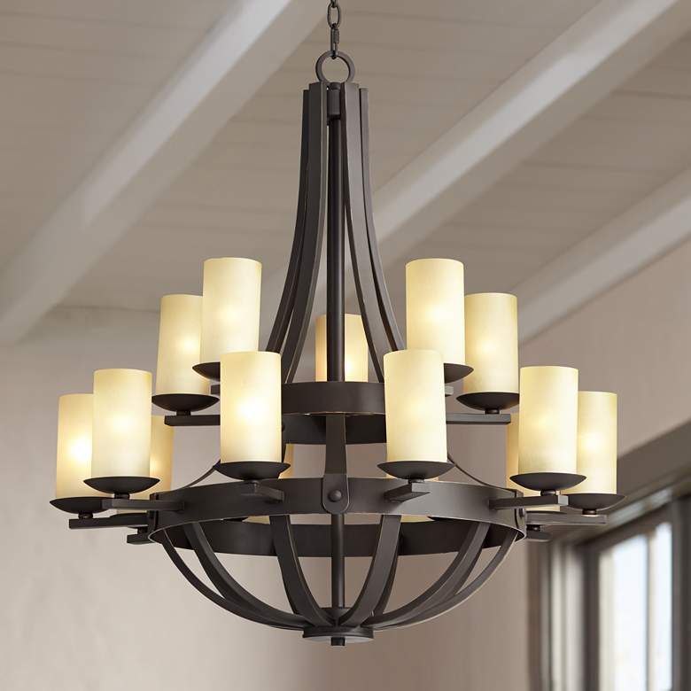 Image 1 Franklin Iron Sperry 33" Bronze and Scavo Glass 15-Light Chandelier