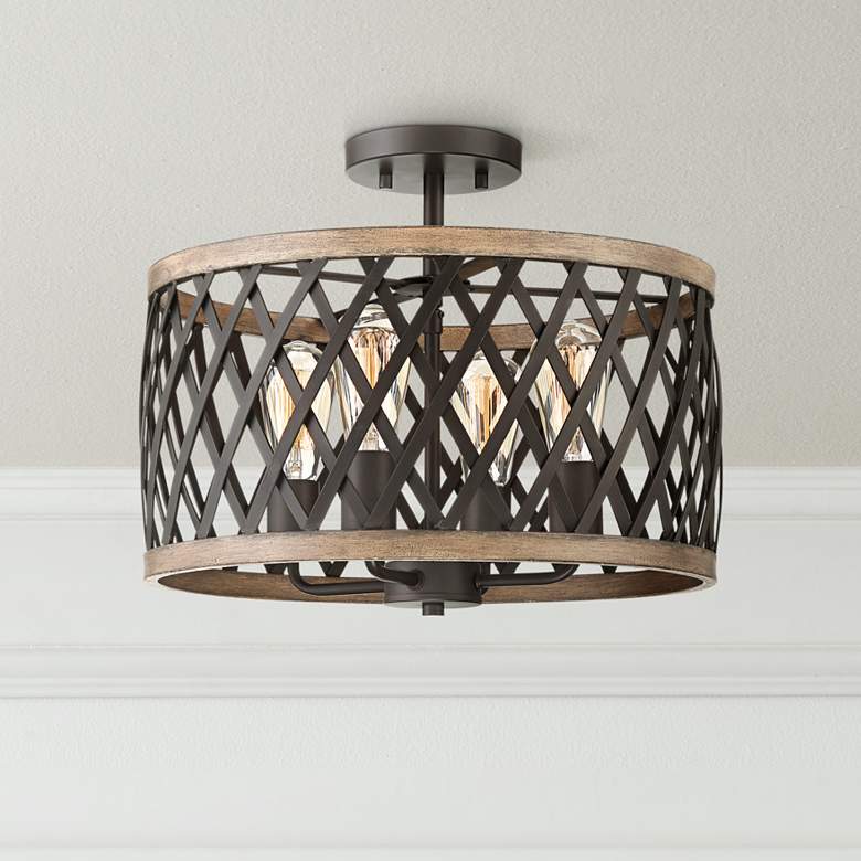 Image 1 Franklin Iron Trey 16 inch Wide Bronze and Woodgrain 4-Light Ceiling Light