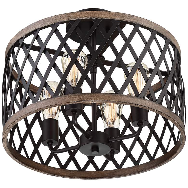 Image 6 Franklin Iron Trey 16 inch Wide Bronze and Woodgrain 4-Light Ceiling Light more views