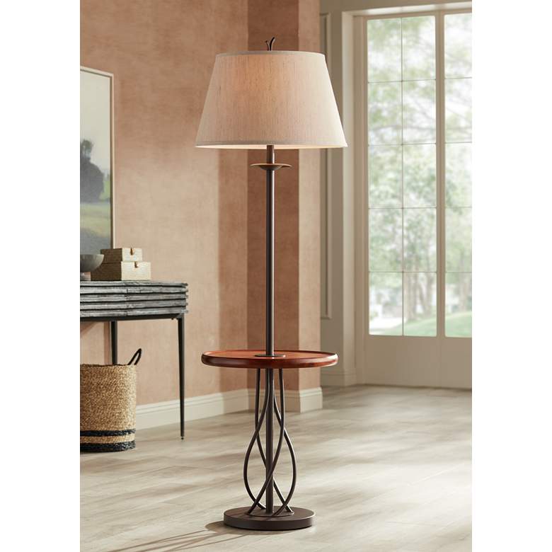 Image 1 Franklin Iron Twist 63 1/2 inch Metal and Walnut Tray Table Floor Lamp