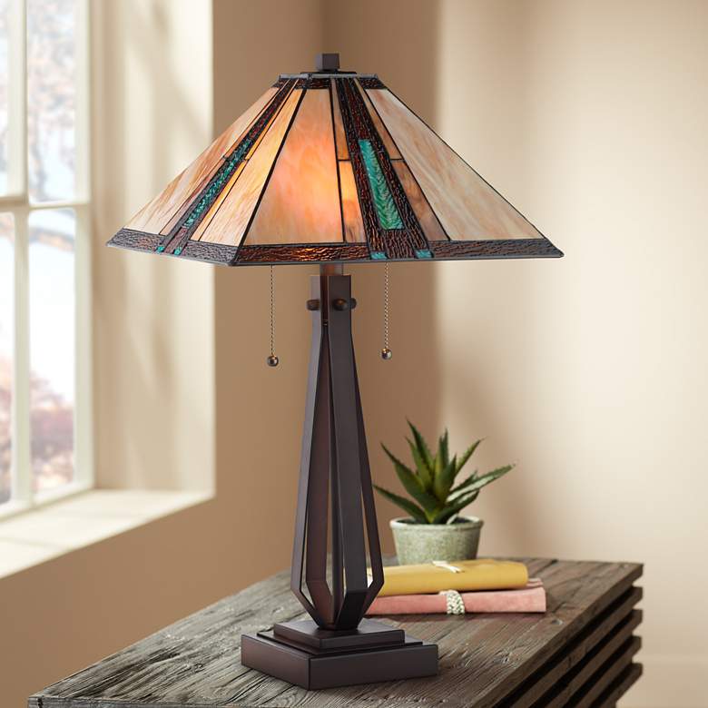 Image 1 Franklin Iron Work Mission Bronze Pull Chain Tiffany-Style Glass Table Lamp