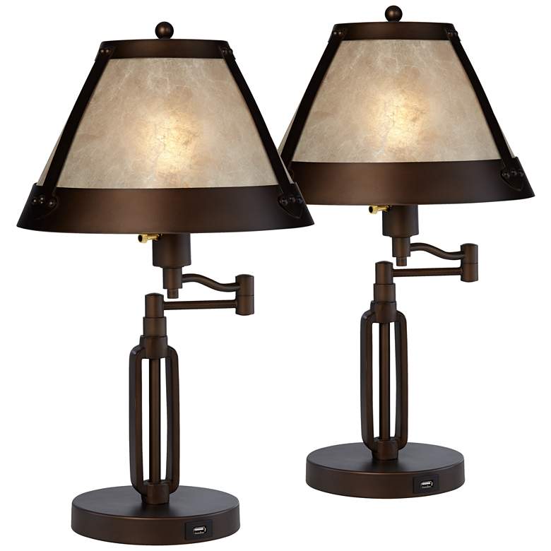 Image 2 Franklin Iron Works 21 1/4" Mica Shade Swing Arm USB Lamps Set of 2