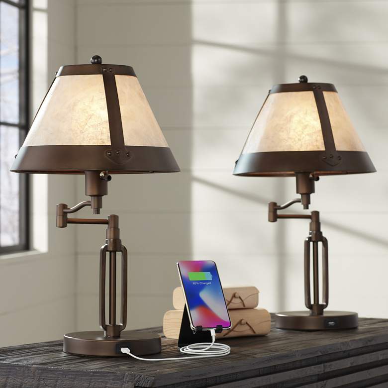 Image 1 Franklin Iron Works 21 1/4" Mica Shade Swing Arm USB Lamps Set of 2