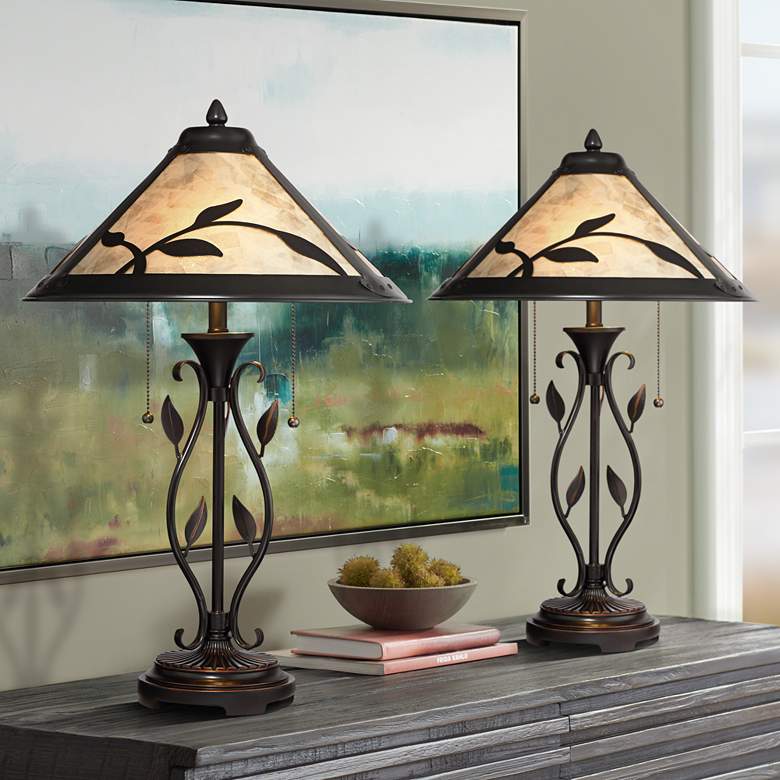 Image 1 Franklin Iron Works 23 3/4 inch Leaf and Vine Mica Shade Lamps Set of 2