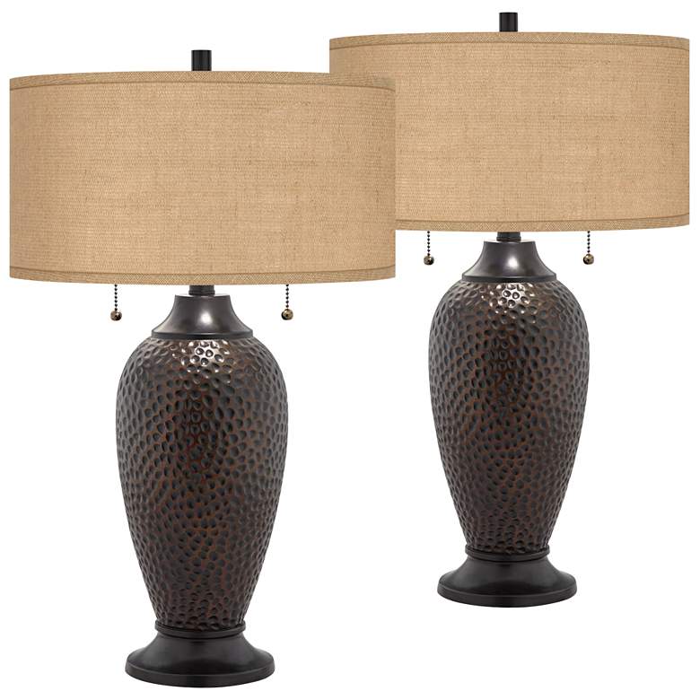 Image 1 Franklin Iron Works 24 1/2" Burlap and Hammered Bronze Lamps Set of 2