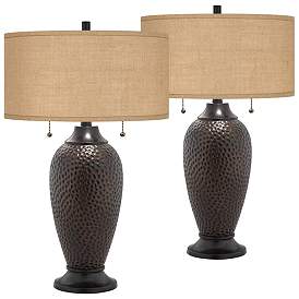 Image1 of Franklin Iron Works 24 1/2" Burlap and Hammered Bronze Lamps Set of 2