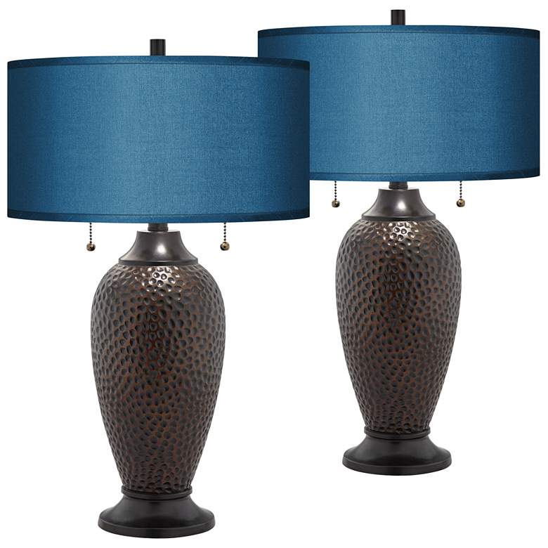 Image 1 Franklin Iron Works 24 1/2" Hammered Lamps with Blue Shades Set of 2