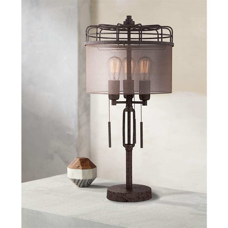 Image 1 Franklin Iron Works 28 3/4" Industrial Cage 3-Light Metal Table Lamp