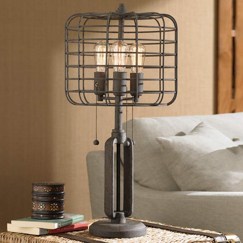 Image 1 Franklin Iron Works 30" Industrial Cage 3-Light Rust Metal Table Lamp