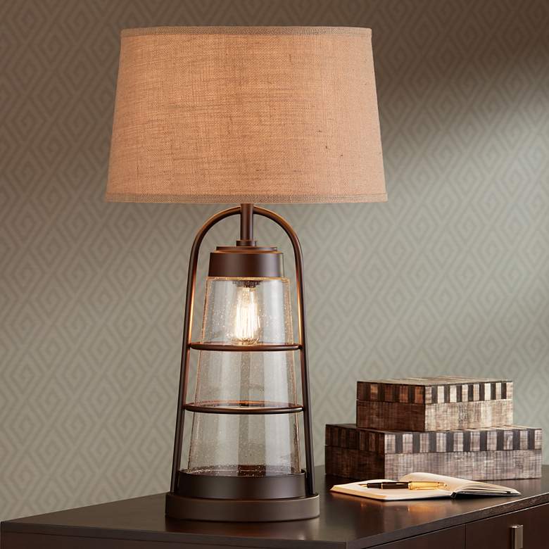 Image 4 Franklin Iron Works 31 inch Industrial Lantern Table Lamp with Night Light more views
