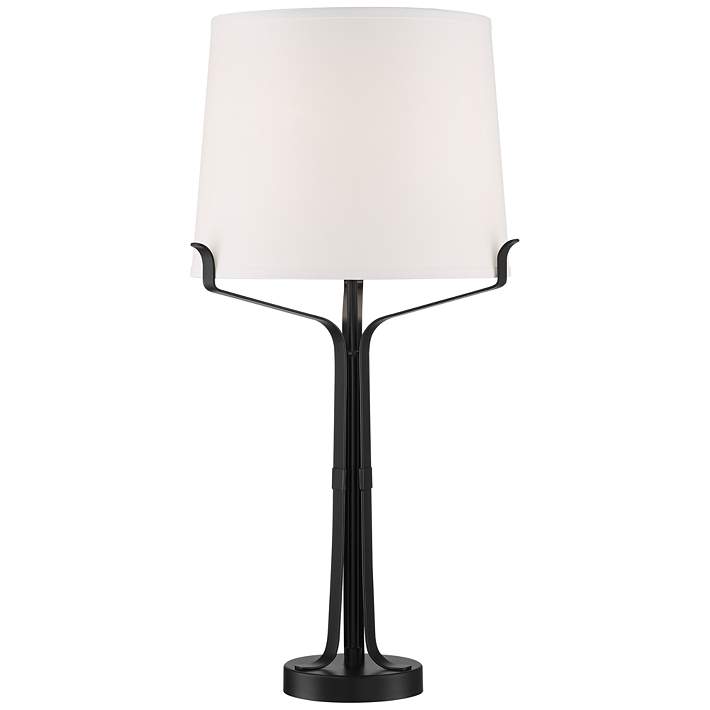 Franklin Iron Works Benny Industrial Table Lamp with USB Charging Port 32 Tall Black Metal Off White Drum Shade for Living Room Bedroom House