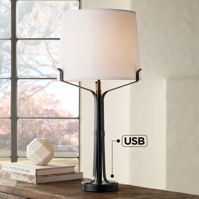 Image 1 Franklin Iron Works 32" Black Finish Rustic Industrial USB Table Lamp