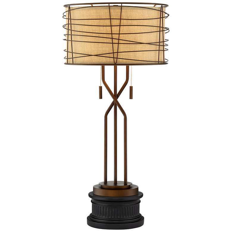 Image 1 Franklin Iron Works 33" Bronze Metal Table Lamp with Black Round Riser