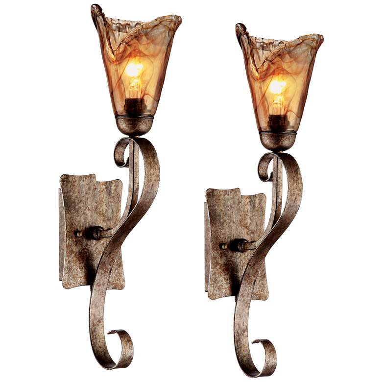 Image 2 Franklin Iron Works Amber Scroll 23 1/2" Glass Bronze Wall Sconces Set
