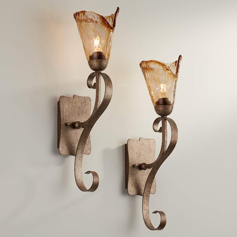 Image 1 Franklin Iron Works Amber Scroll 23 1/2" Glass Bronze Wall Sconces Set