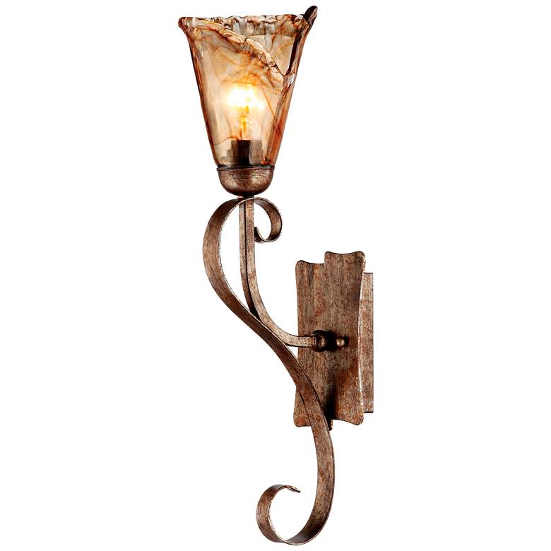 Image 5 Franklin Iron Works Amber Scroll 23 1/2 inch Glass Bronze Wall Sconces Set more views