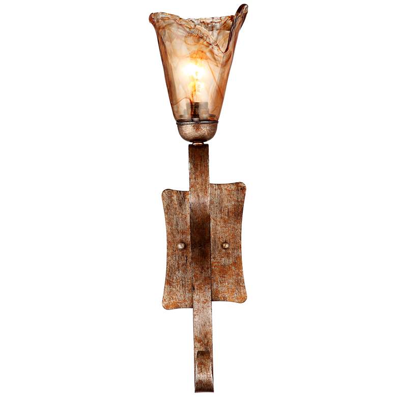 Image 6 Franklin Iron Works Amber Scroll 23 1/2 inch Glass Bronze Wall Sconces Set more views