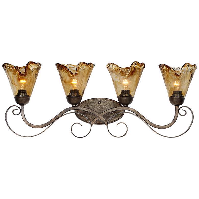 Image 3 Franklin Iron Works Amber Scroll 29 1/2" Glass and Bronze Bath Light