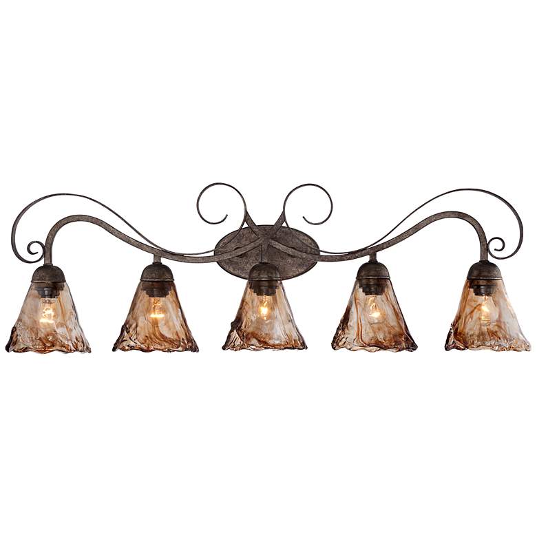 Image 3 Franklin Iron Works Amber Scroll 37 1/4" Glass and Bronze Bath Light