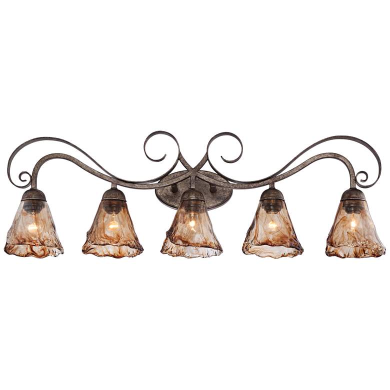 Image 5 Franklin Iron Works Amber Scroll 37 1/4" Glass and Bronze Bath Light more views