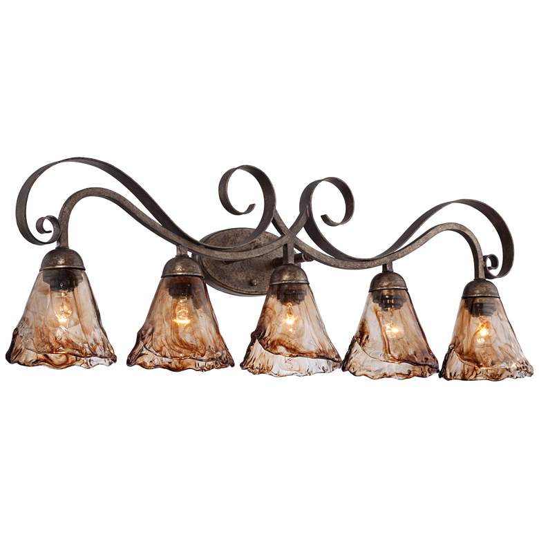 Image 6 Franklin Iron Works Amber Scroll 37 1/4" Glass and Bronze Bath Light more views
