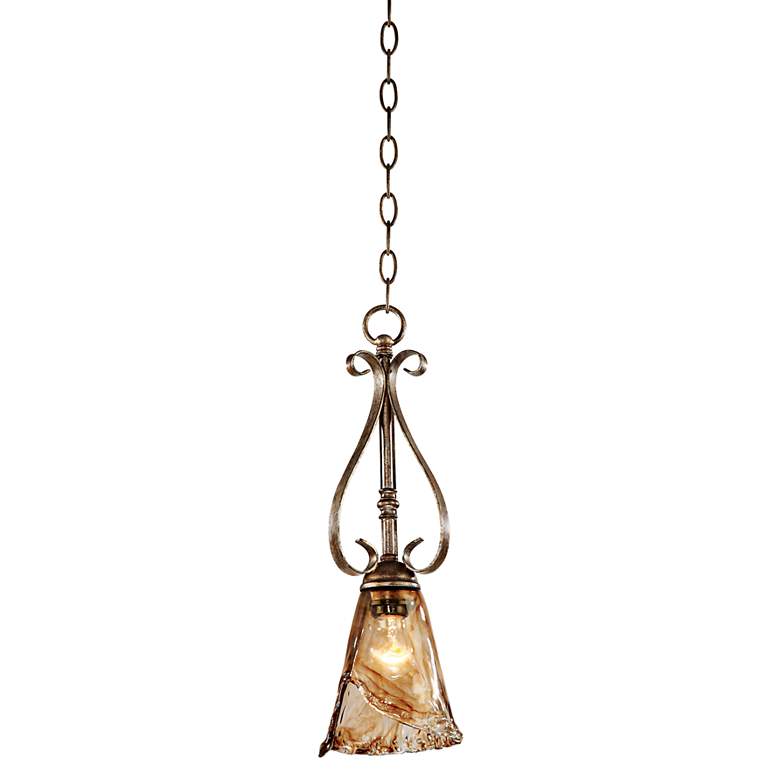 Image 2 Franklin Iron Works Amber Scroll 6" Wide Bronze and Glass Mini Pendant