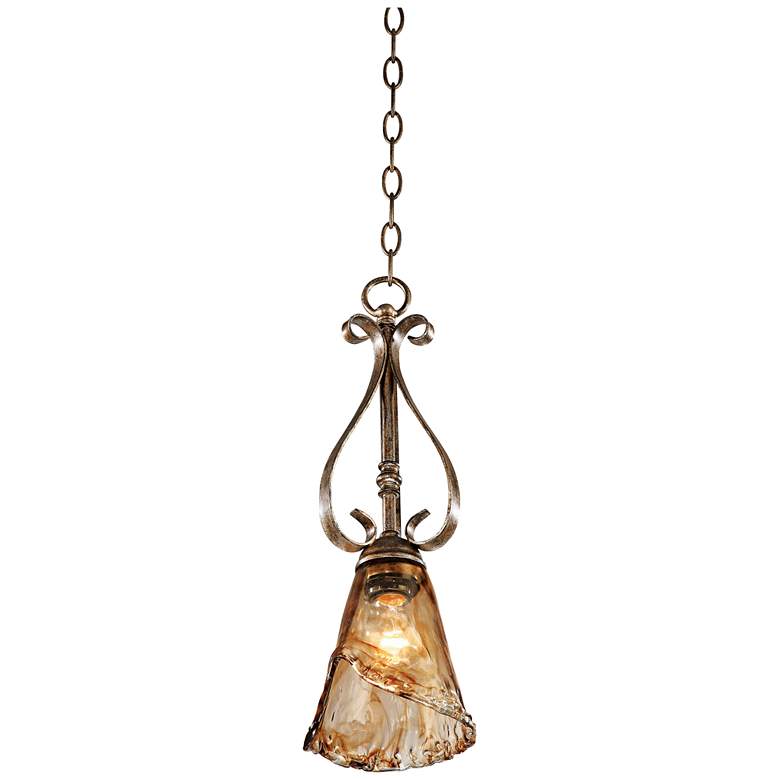 Image 5 Franklin Iron Works Amber Scroll 6" Wide Bronze and Glass Mini Pendant more views