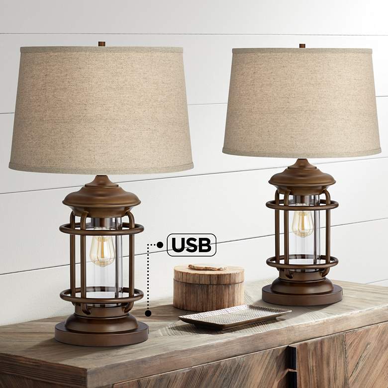 Image 1 Franklin Iron Works Andreas 26 inch Lantern Night Light USB Lamps Set of 2